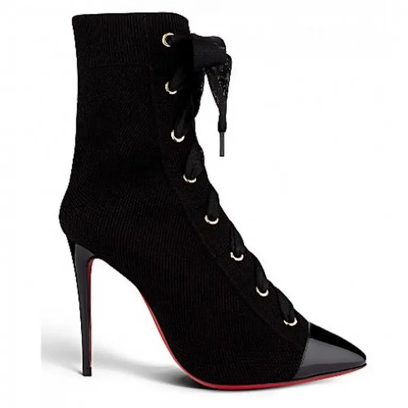 Christian Louboutin Frenchie 100 Black Patent Lace Heel Ankle Boot Bootie 35.5 - Picture 7 of 11